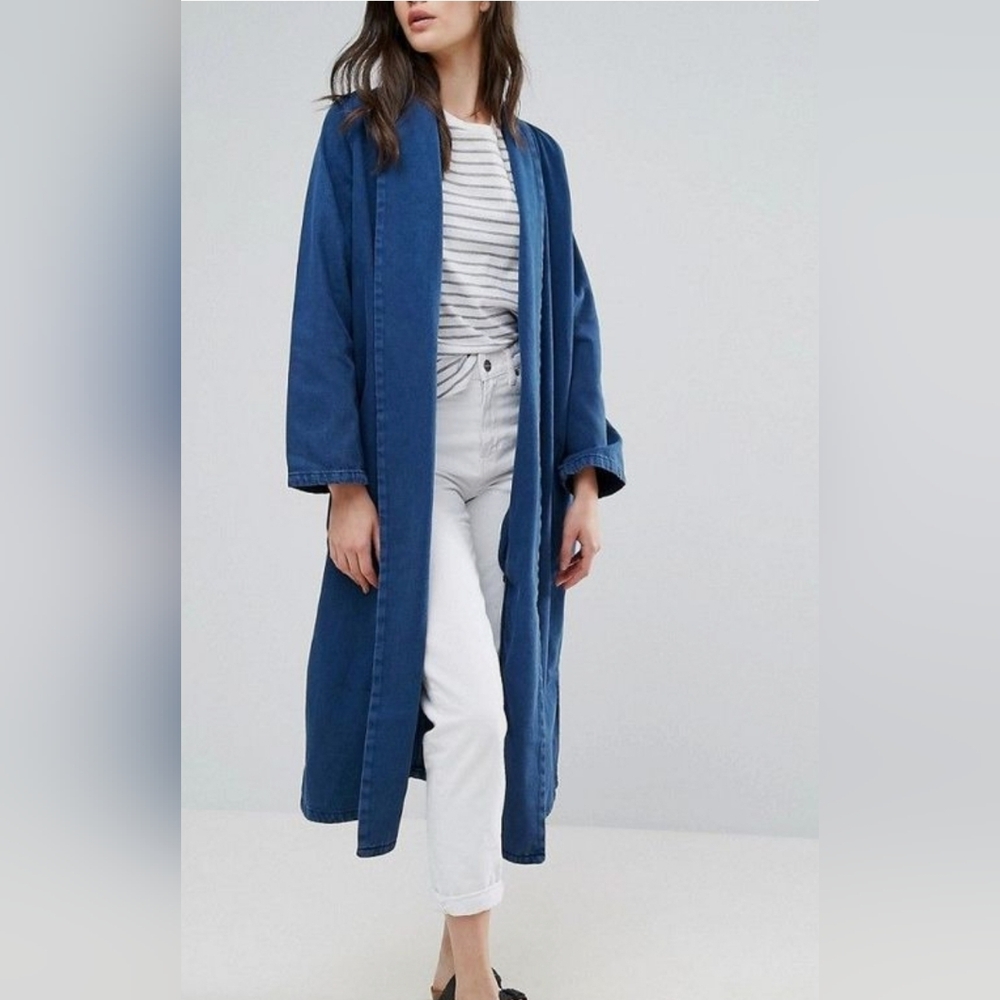 NWT Waven Shawl Collar Open Front Denim Duster Jacket Indigo Size Small